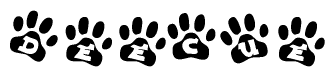 The image shows a series of animal paw prints arranged horizontally. Within each paw print, there's a letter; together they spell Deecue