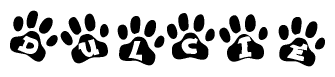 The image shows a row of animal paw prints, each containing a letter. The letters spell out the word Dulcie within the paw prints.