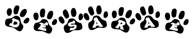 The image shows a row of animal paw prints, each containing a letter. The letters spell out the word Desarae within the paw prints.