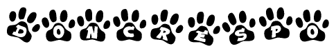 The image shows a series of animal paw prints arranged in a horizontal line. Each paw print contains a letter, and together they spell out the word Doncrespo.