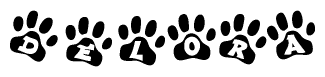 The image shows a series of animal paw prints arranged in a horizontal line. Each paw print contains a letter, and together they spell out the word Delora.