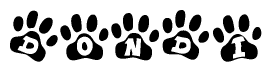 The image shows a series of animal paw prints arranged in a horizontal line. Each paw print contains a letter, and together they spell out the word Dondi.