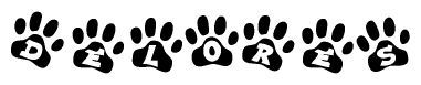   The image shows a series of animal paw prints arranged in a horizontal line. Each paw print contains a letter, and together they spell out the word Delores. 