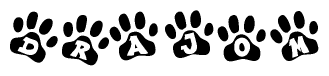 The image shows a row of animal paw prints, each containing a letter. The letters spell out the word Drajom within the paw prints.