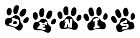The image shows a series of animal paw prints arranged in a horizontal line. Each paw print contains a letter, and together they spell out the word Denis.