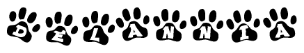 The image shows a row of animal paw prints, each containing a letter. The letters spell out the word Delannia within the paw prints.