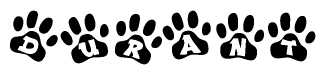 The image shows a series of animal paw prints arranged in a horizontal line. Each paw print contains a letter, and together they spell out the word Durant.