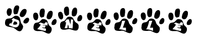 The image shows a series of animal paw prints arranged horizontally. Within each paw print, there's a letter; together they spell Denelle