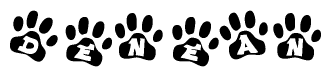 The image shows a row of animal paw prints, each containing a letter. The letters spell out the word Denean within the paw prints.