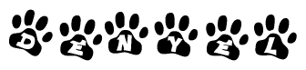 The image shows a series of animal paw prints arranged horizontally. Within each paw print, there's a letter; together they spell Denyel