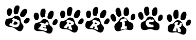 The image shows a series of animal paw prints arranged horizontally. Within each paw print, there's a letter; together they spell Derrick