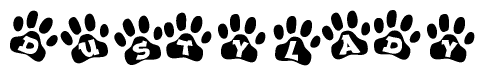 The image shows a series of animal paw prints arranged horizontally. Within each paw print, there's a letter; together they spell Dustylady