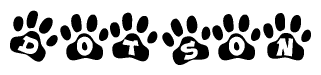 The image shows a series of animal paw prints arranged horizontally. Within each paw print, there's a letter; together they spell Dotson