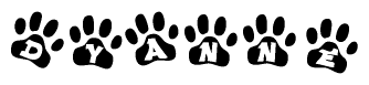 The image shows a row of animal paw prints, each containing a letter. The letters spell out the word Dyanne within the paw prints.