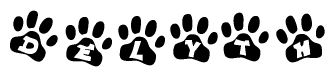 The image shows a series of animal paw prints arranged horizontally. Within each paw print, there's a letter; together they spell Delyth