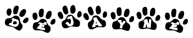 The image shows a series of animal paw prints arranged horizontally. Within each paw print, there's a letter; together they spell Dejayne