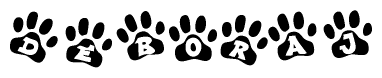 The image shows a series of animal paw prints arranged in a horizontal line. Each paw print contains a letter, and together they spell out the word Deboraj.