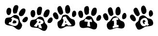 The image shows a row of animal paw prints, each containing a letter. The letters spell out the word Dratiq within the paw prints.