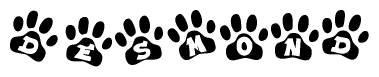 The image shows a row of animal paw prints, each containing a letter. The letters spell out the word Desmond within the paw prints.