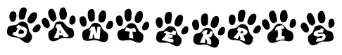 The image shows a series of animal paw prints arranged in a horizontal line. Each paw print contains a letter, and together they spell out the word Dantekris.
