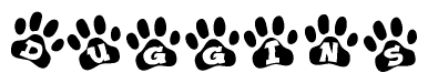 The image shows a series of animal paw prints arranged horizontally. Within each paw print, there's a letter; together they spell Duggins