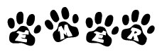 The image shows a series of animal paw prints arranged in a horizontal line. Each paw print contains a letter, and together they spell out the word Emer.