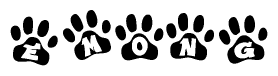 The image shows a row of animal paw prints, each containing a letter. The letters spell out the word Emong within the paw prints.