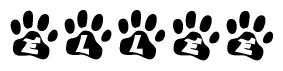 The image shows a row of animal paw prints, each containing a letter. The letters spell out the word Ellee within the paw prints.