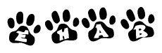 The image shows a series of animal paw prints arranged in a horizontal line. Each paw print contains a letter, and together they spell out the word Ehab.