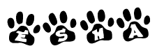 The image shows a series of animal paw prints arranged horizontally. Within each paw print, there's a letter; together they spell Esha