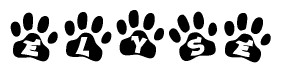 The image shows a series of animal paw prints arranged horizontally. Within each paw print, there's a letter; together they spell Elyse