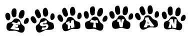 The image shows a series of animal paw prints arranged in a horizontal line. Each paw print contains a letter, and together they spell out the word Eshtvan.
