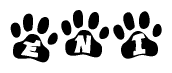 The image shows a series of animal paw prints arranged in a horizontal line. Each paw print contains a letter, and together they spell out the word Eni.