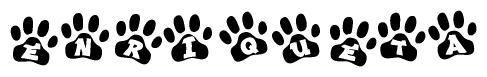 The image shows a series of animal paw prints arranged in a horizontal line. Each paw print contains a letter, and together they spell out the word Enriqueta.