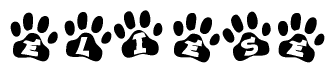 The image shows a series of animal paw prints arranged in a horizontal line. Each paw print contains a letter, and together they spell out the word Eliese.