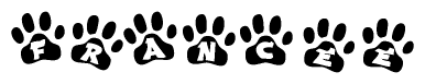 The image shows a series of animal paw prints arranged horizontally. Within each paw print, there's a letter; together they spell Francee