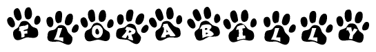 The image shows a row of animal paw prints, each containing a letter. The letters spell out the word Florabilly within the paw prints.