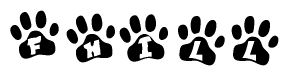 The image shows a series of animal paw prints arranged horizontally. Within each paw print, there's a letter; together they spell Fhill