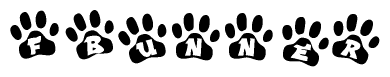 The image shows a row of animal paw prints, each containing a letter. The letters spell out the word Fbunner within the paw prints.