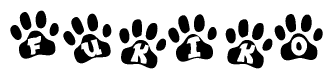 The image shows a series of animal paw prints arranged in a horizontal line. Each paw print contains a letter, and together they spell out the word Fukiko.