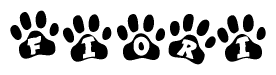 The image shows a series of animal paw prints arranged in a horizontal line. Each paw print contains a letter, and together they spell out the word Fiori.