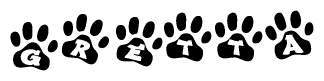 The image shows a row of animal paw prints, each containing a letter. The letters spell out the word Gretta within the paw prints.