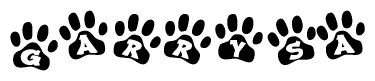 The image shows a series of animal paw prints arranged in a horizontal line. Each paw print contains a letter, and together they spell out the word Garrysa.