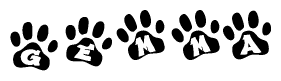 The image shows a series of animal paw prints arranged horizontally. Within each paw print, there's a letter; together they spell Gemma