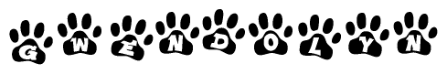 The image shows a row of animal paw prints, each containing a letter. The letters spell out the word Gwendolyn within the paw prints.