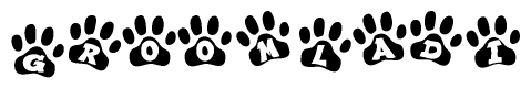 The image shows a series of animal paw prints arranged horizontally. Within each paw print, there's a letter; together they spell Groomladi