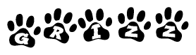 The image shows a row of animal paw prints, each containing a letter. The letters spell out the word Grizz within the paw prints.