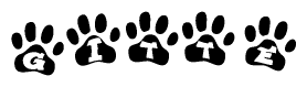 The image shows a row of animal paw prints, each containing a letter. The letters spell out the word Gitte within the paw prints.