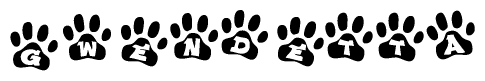 The image shows a row of animal paw prints, each containing a letter. The letters spell out the word Gwendetta within the paw prints.