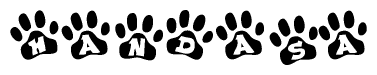 The image shows a series of animal paw prints arranged in a horizontal line. Each paw print contains a letter, and together they spell out the word Handasa.